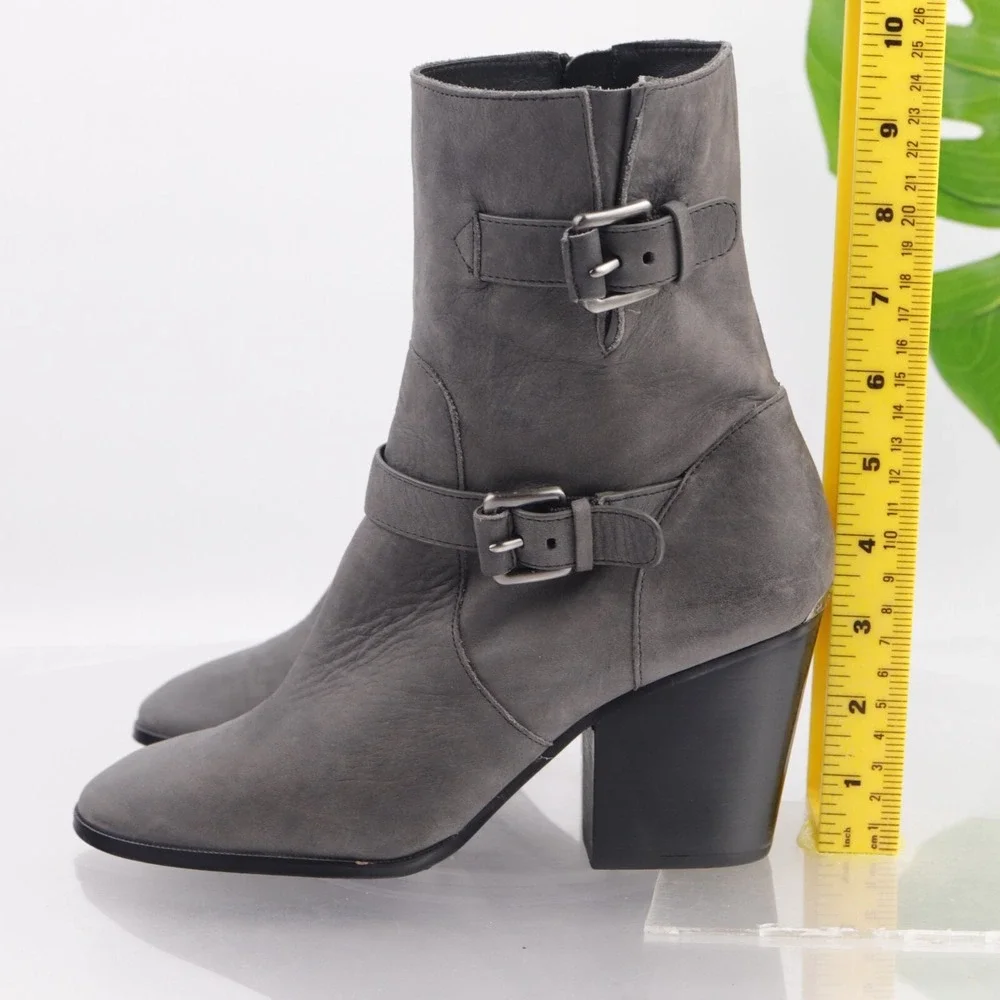 Michael Kors Womens Ashton Boots Size 7.5 Gray Leather Block Heel Bootie Buckles